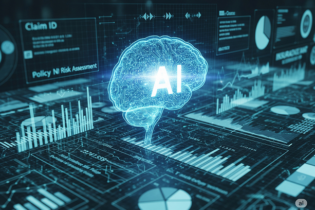 AI brain icon superimposed on insurance data